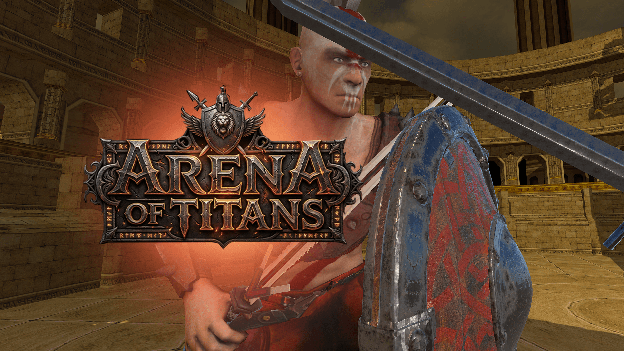 Arena of Titans title screen: a gladiator with sword and shield in a stone arena
